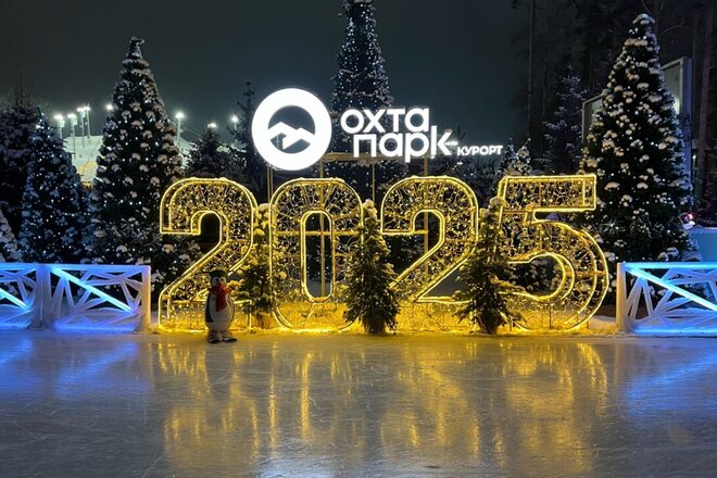 Световые цифры 2025 у катка среди заснеженных елей