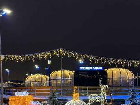 Световые ёлочные шары и подарки на зимней площадке